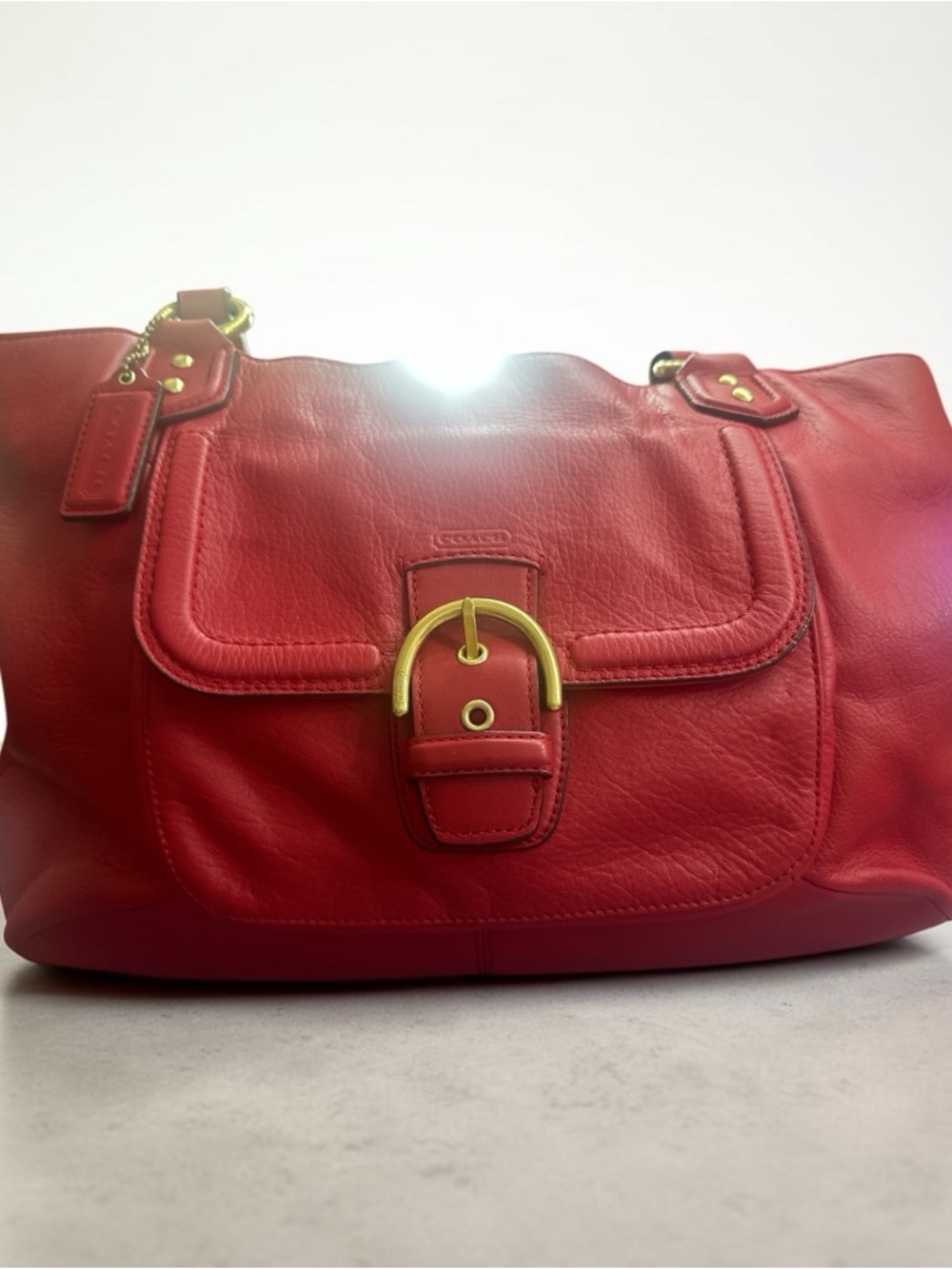 Coach Red Leather Shoulder Bag with Gold Buckle